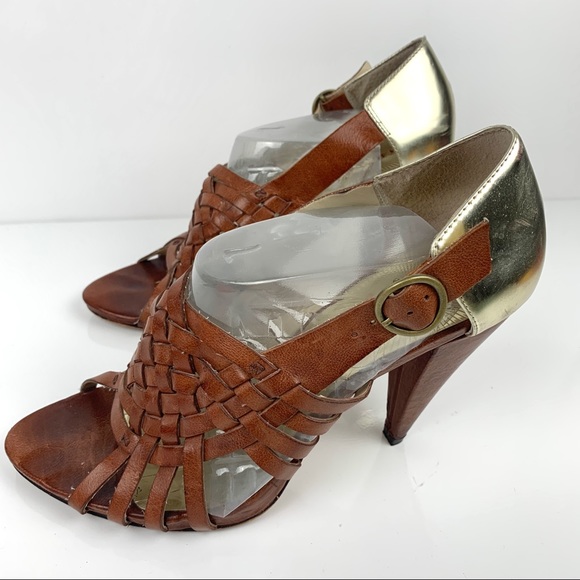 MISS SIXTY Leather Brown & Gold Sandal Cone Heels - Picture 2 of 13